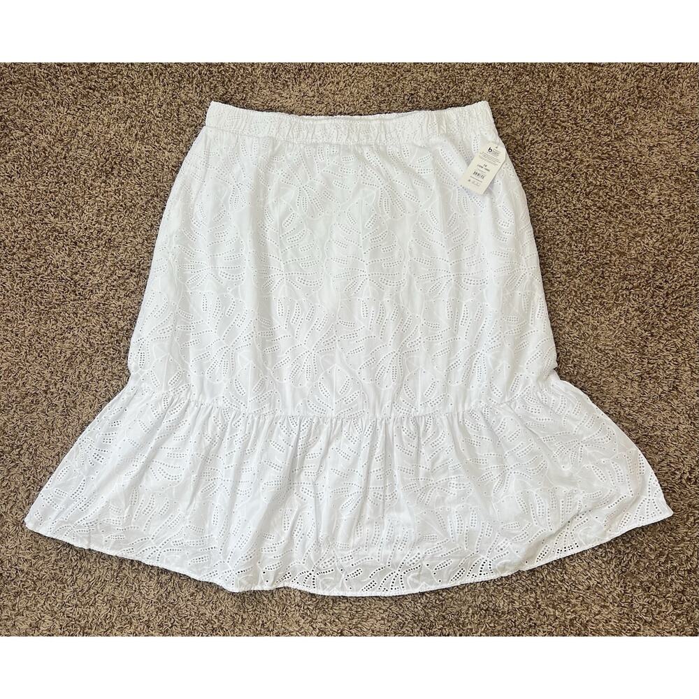 White Eyelet Midi Skirt 1X Tiered Cotton Boho Cottagecore Elastic Waist - Picture 4 of 11